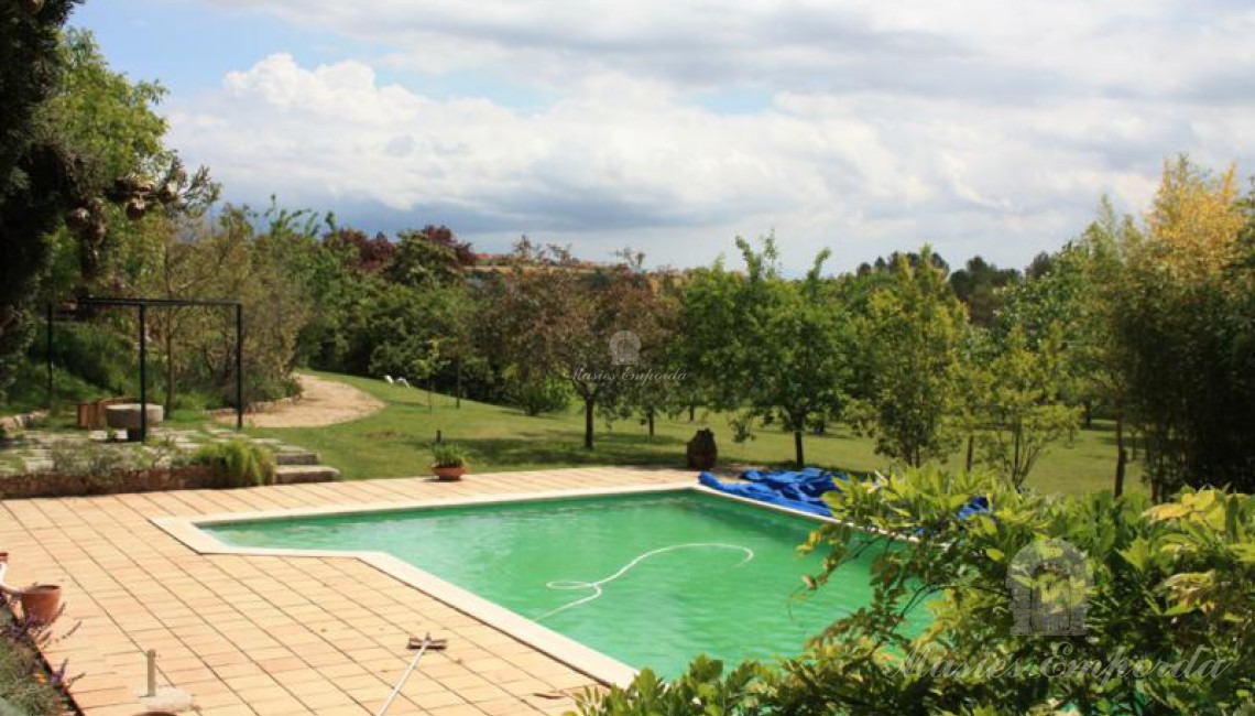 Vista general de la zona de la piscina y el jardín con árboles frutales y ornaméntales 