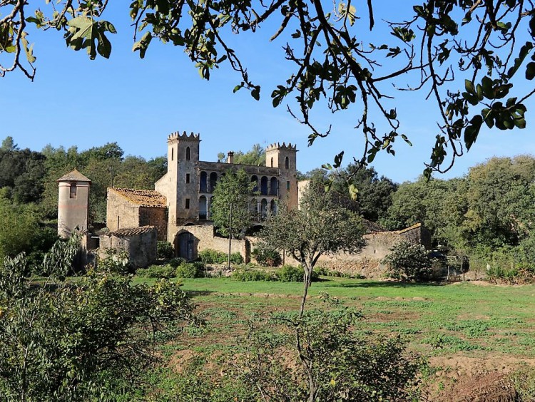 Vista general de la masía y anexos desde los campos de la propiedad