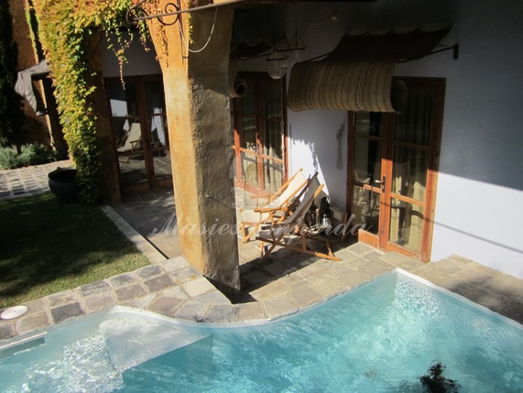Vista de la piscina y el porche de la fachada posterior de la casa 