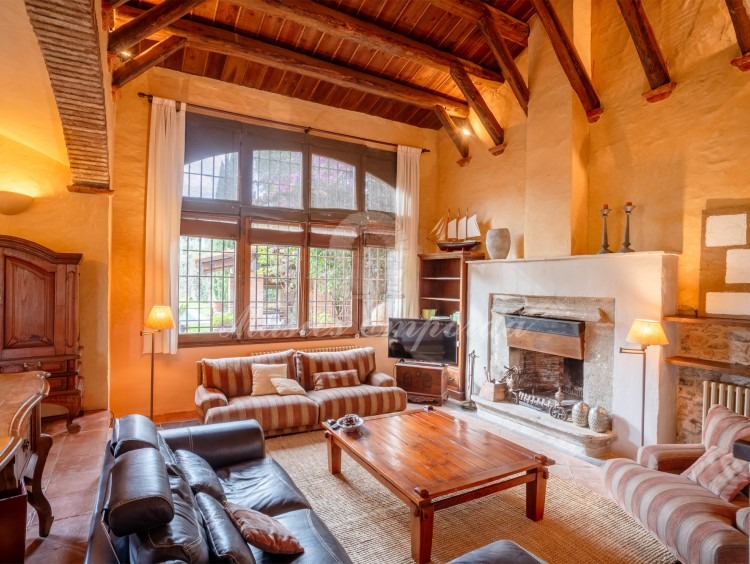 Salón a doble altura con chimenea